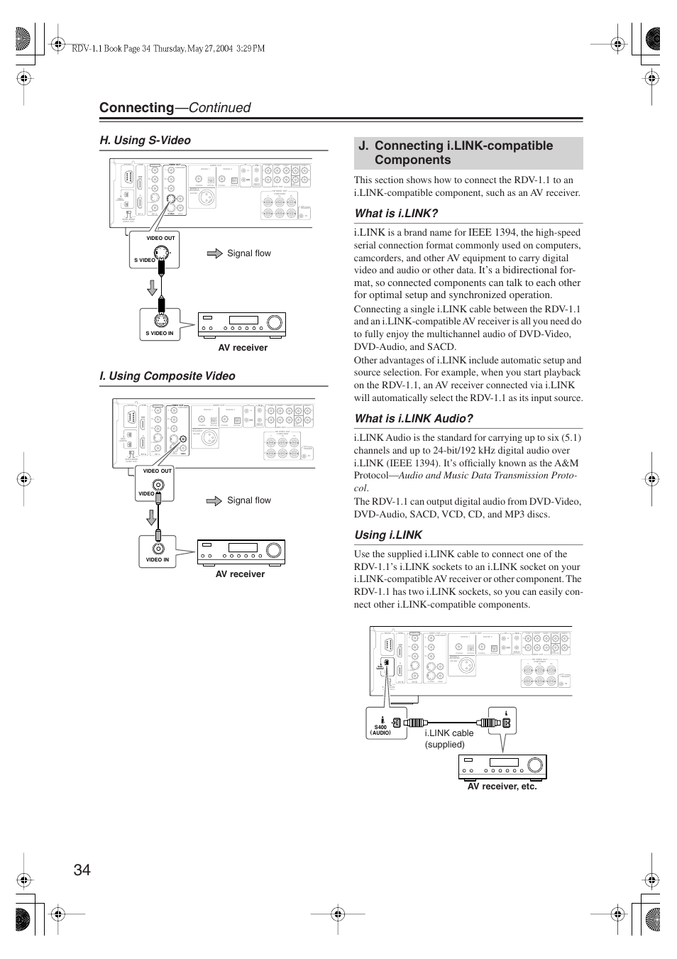 Connecting —continued, J. connecting i.link-compatible components, H. using s-video i. using composite video | What is i.link, What is i.link audio, Using i.link, I.link, Ieee 1394, Is a brand name for, Signal flow av receiver | Integra RDV-1.1 User Manual | Page 34 / 100