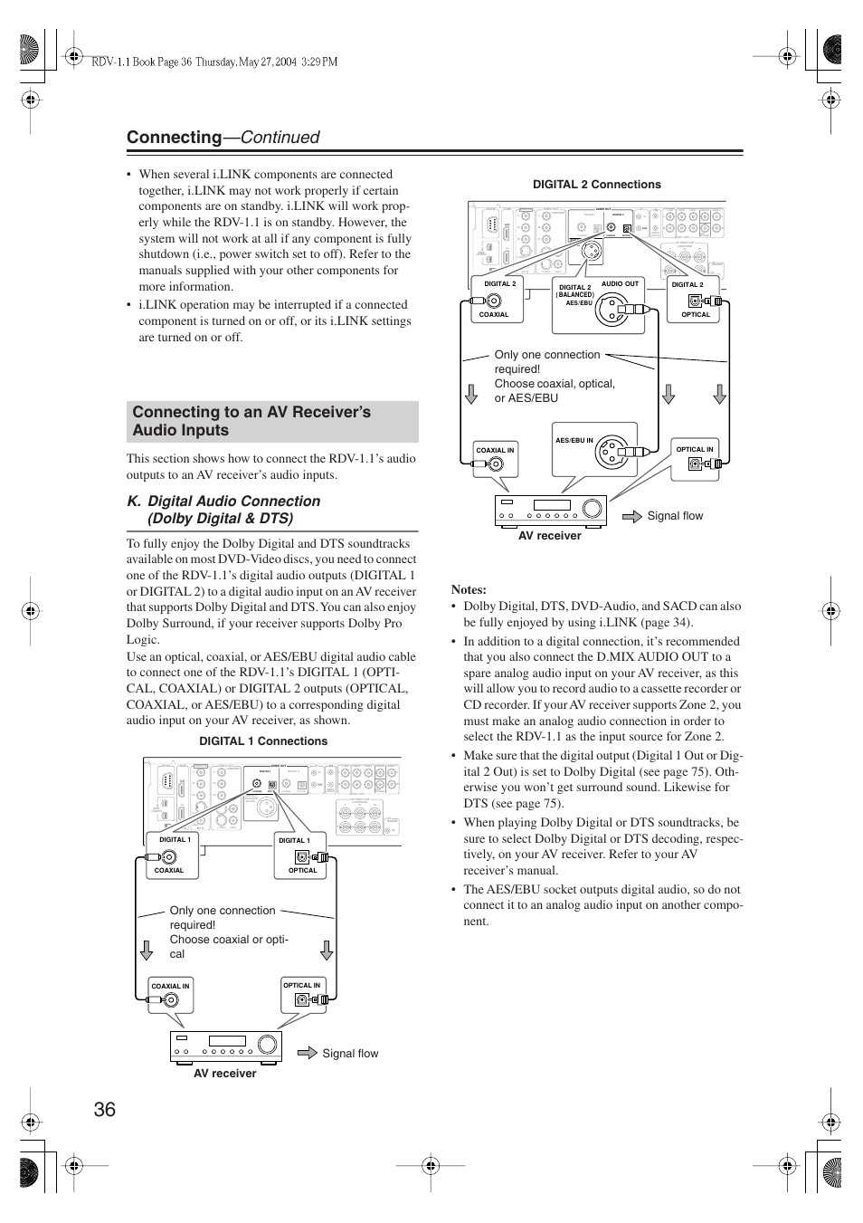 Connecting —continued, Connecting to an av receiver’s audio inputs, K. digital audio connection (dolby digital & dts) | Integra RDV-1.1 User Manual | Page 36 / 100