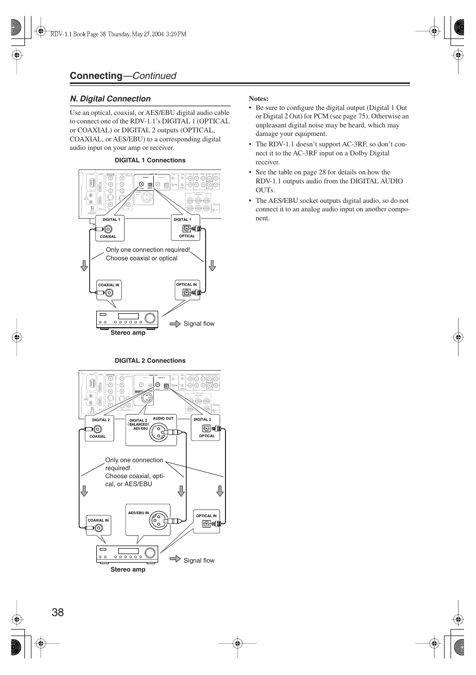 Connecting —continued, N. digital connection | Integra RDV-1.1 User Manual | Page 38 / 100