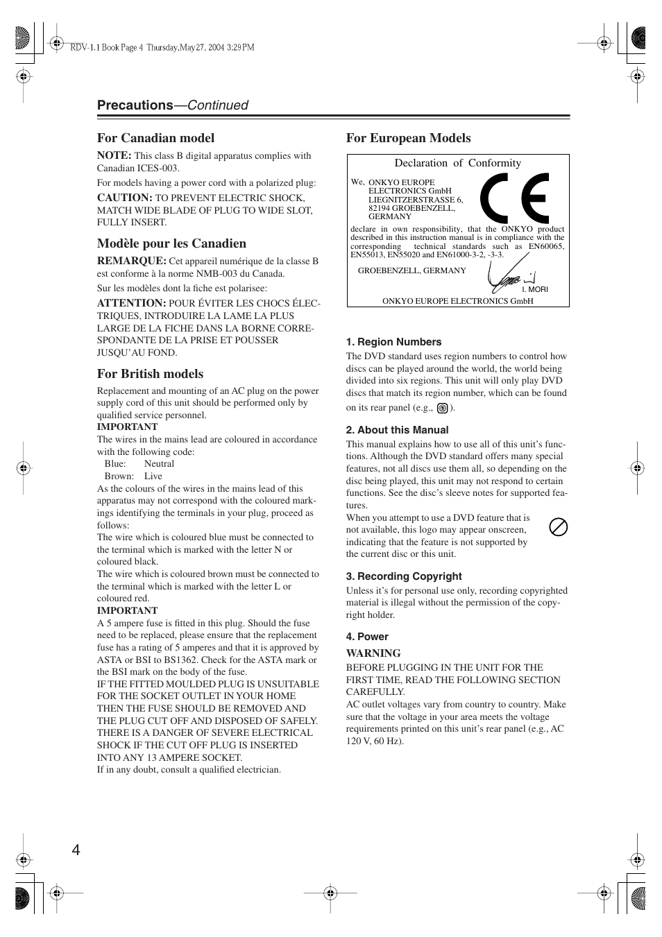 Precautions —continued for canadian model, Modèle pour les canadien, For british models | For european models | Integra RDV-1.1 User Manual | Page 4 / 100