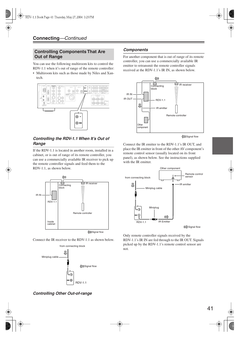 Connecting —continued, Controlling components that are out of range, Controlling the rdv-1.1 when it’s out of range | Controlling other out-of-range components, Rdv-1.1 | Integra RDV-1.1 User Manual | Page 41 / 100