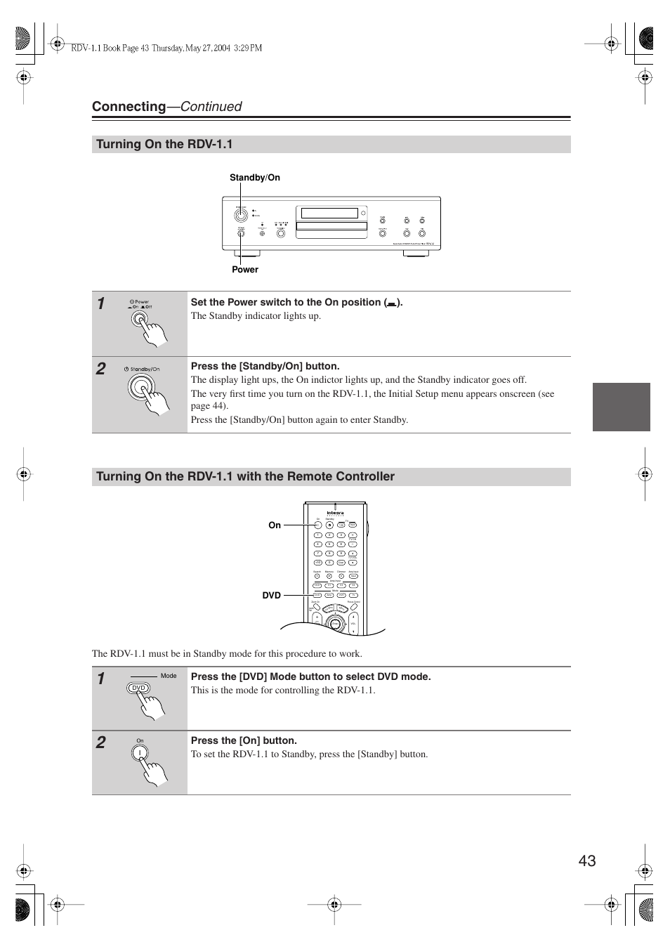 Connecting —continued, Turning on the rdv-1.1, Turning on the rdv-1.1 with the remote controller | Integra RDV-1.1 User Manual | Page 43 / 100