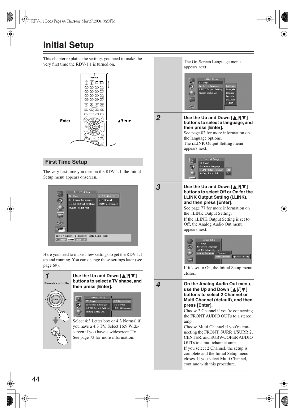 Initial setup, First time setup, The on-screen language menu appears next | Integra RDV-1.1 User Manual | Page 44 / 100