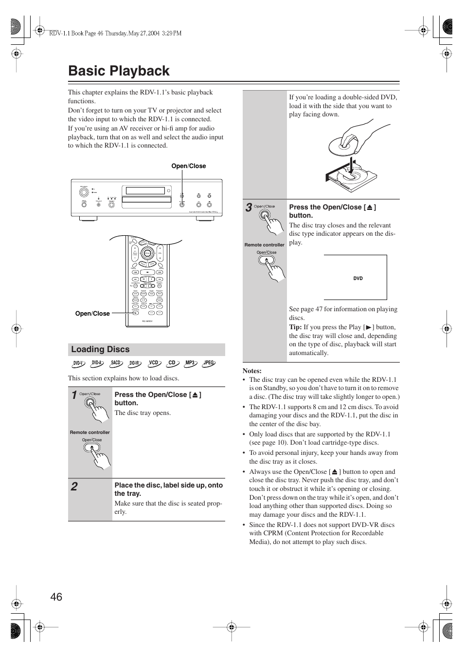 Basic playback, Loading discs, Open/close | Integra RDV-1.1 User Manual | Page 46 / 100