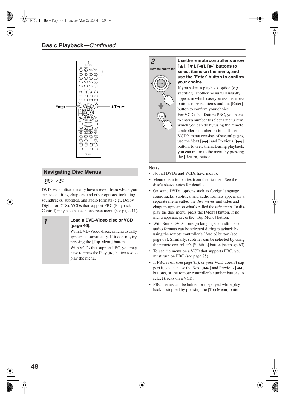 Basic playback —continued, Navigating disc menus, Enter | Integra RDV-1.1 User Manual | Page 48 / 100