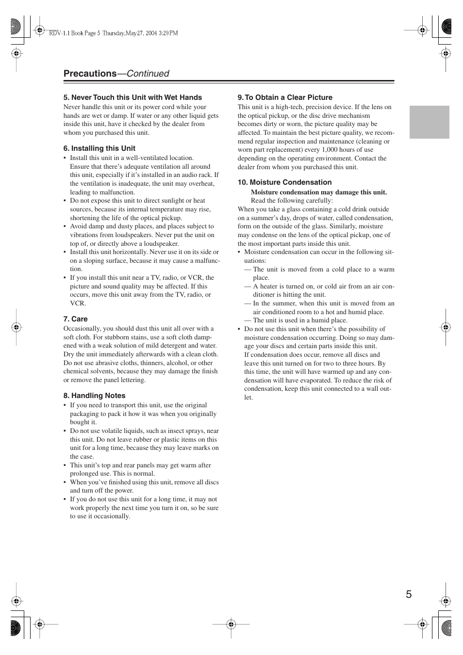 Precautions —continued | Integra RDV-1.1 User Manual | Page 5 / 100