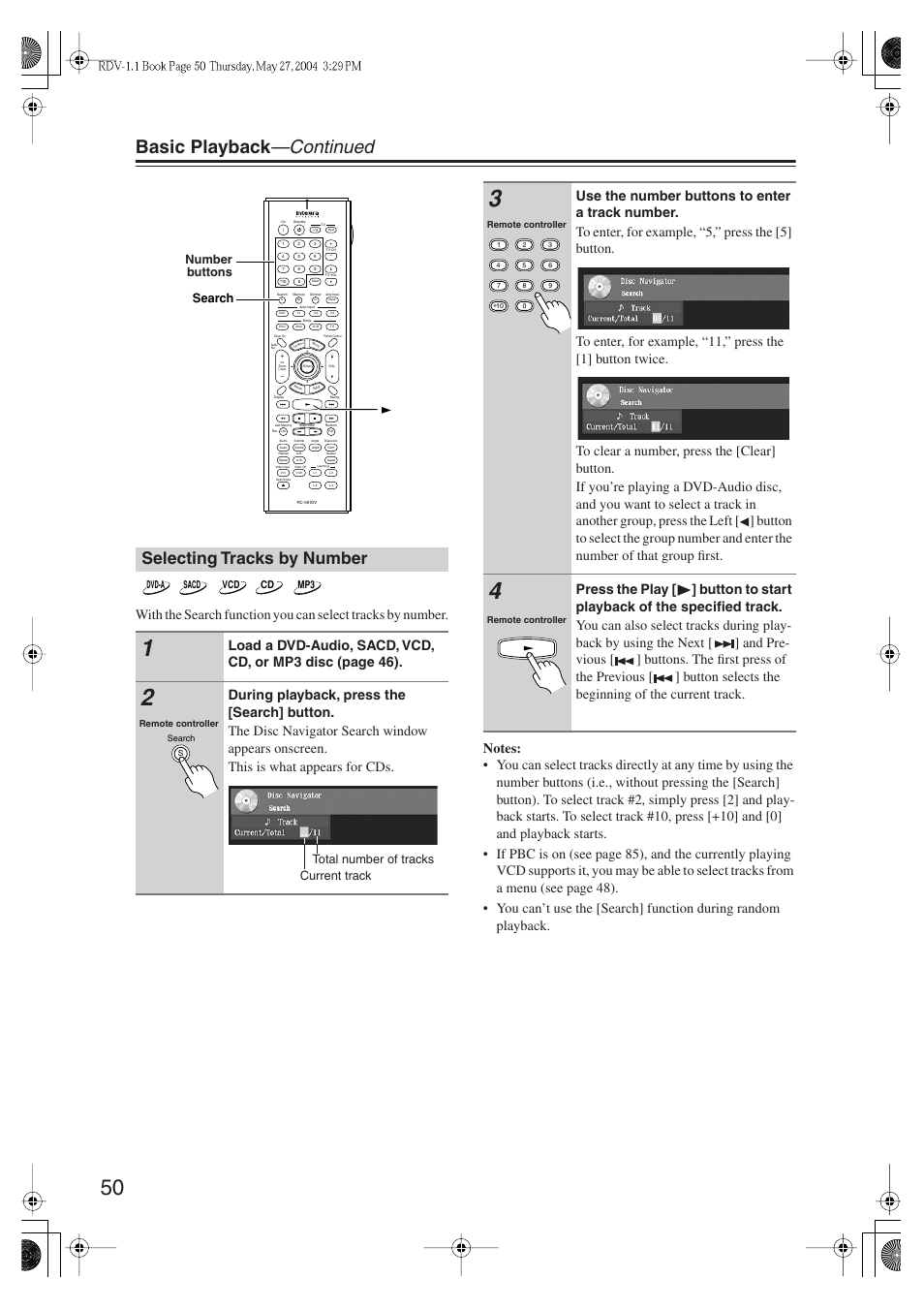 Basic playback —continued, Selecting tracks by number, Search number buttons | Current track total number of tracks | Integra RDV-1.1 User Manual | Page 50 / 100