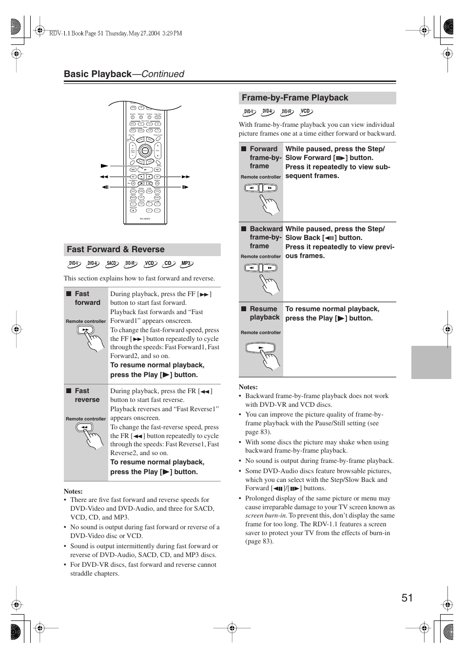 Basic playback —continued, Fast forward & reverse, Frame-by-frame playback | Integra RDV-1.1 User Manual | Page 51 / 100