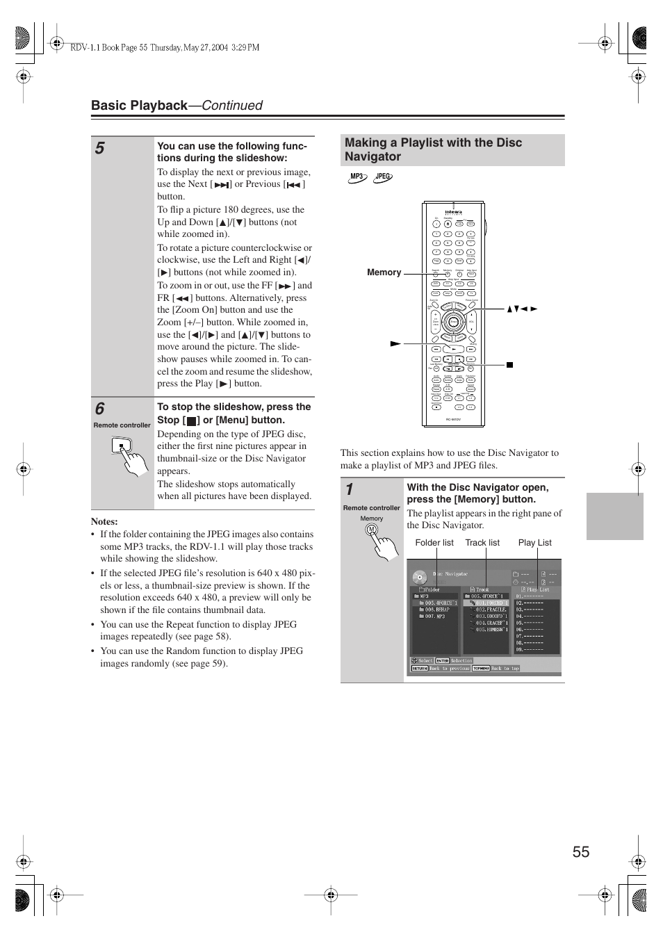 Basic playback —continued, Making a playlist with the disc navigator, Folder list track list play list | Integra RDV-1.1 User Manual | Page 55 / 100