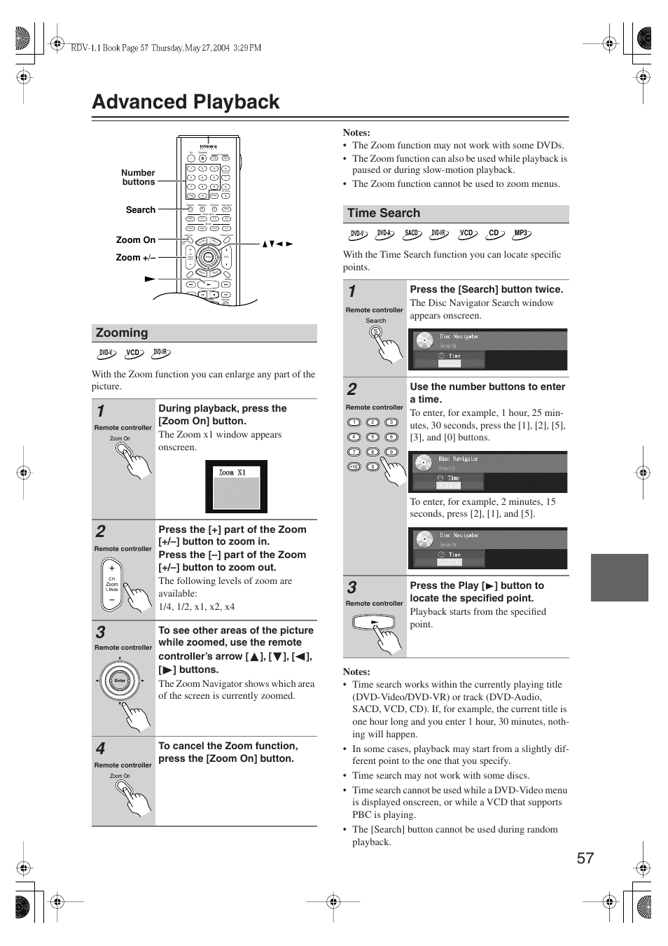 Advanced playback, Zooming, Time search | Integra RDV-1.1 User Manual | Page 57 / 100