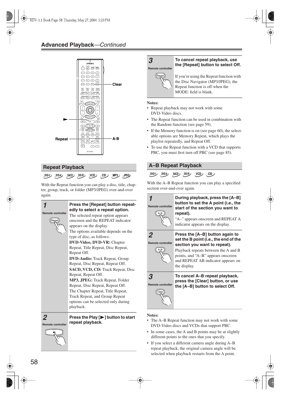 Advanced playback —continued, Repeat playback, A–b repeat playback | Press the play [ ] button to start repeat playback | Integra RDV-1.1 User Manual | Page 58 / 100