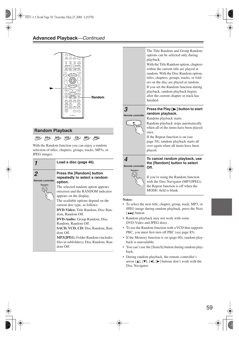 Advanced playback —continued, Random playback, Load a disc (page 46) | Integra RDV-1.1 User Manual | Page 59 / 100