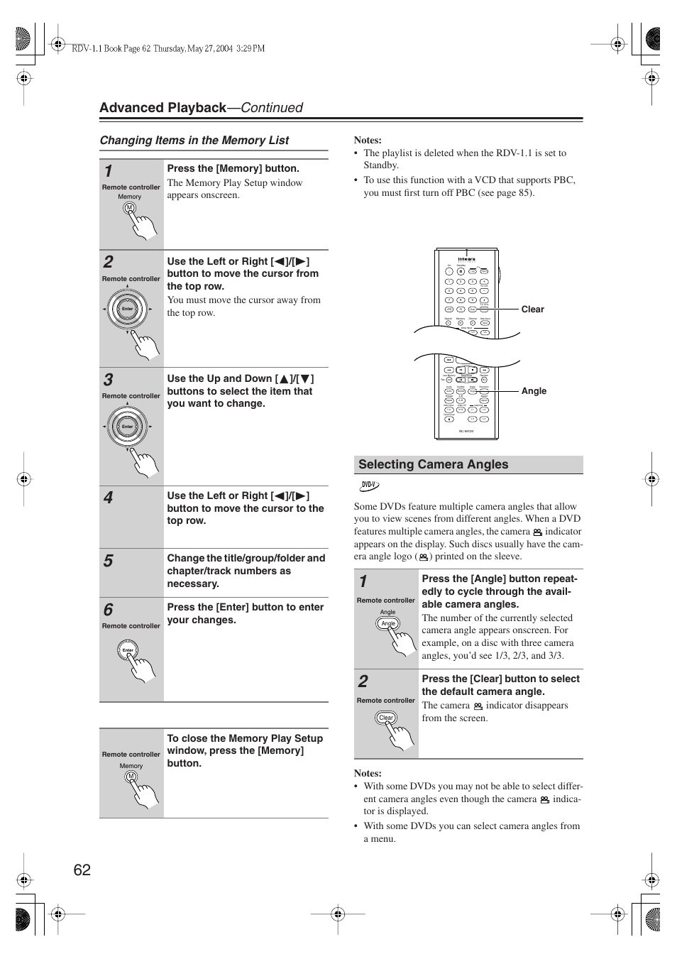 Advanced playback —continued, Selecting camera angles | Integra RDV-1.1 User Manual | Page 62 / 100