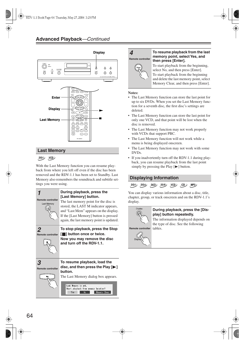 Advanced playback —continued, Displaying information | Integra RDV-1.1 User Manual | Page 64 / 100