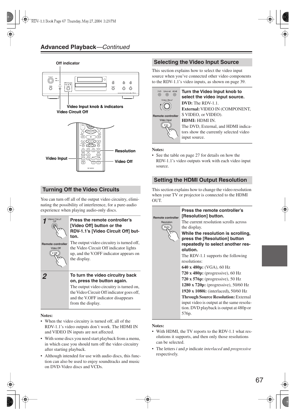 Advanced playback —continued, Turning off the video circuits, Selecting the video input source | Setting the hdmi output resolution | Integra RDV-1.1 User Manual | Page 67 / 100