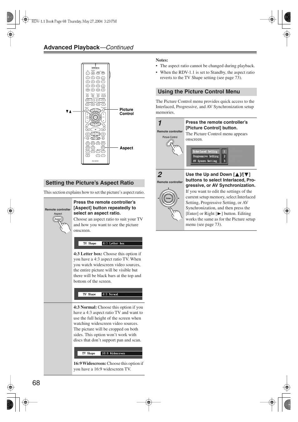 Advanced playback —continued, Setting the picture’s aspect ratio, Using the picture control menu | Picture control aspect | Integra RDV-1.1 User Manual | Page 68 / 100