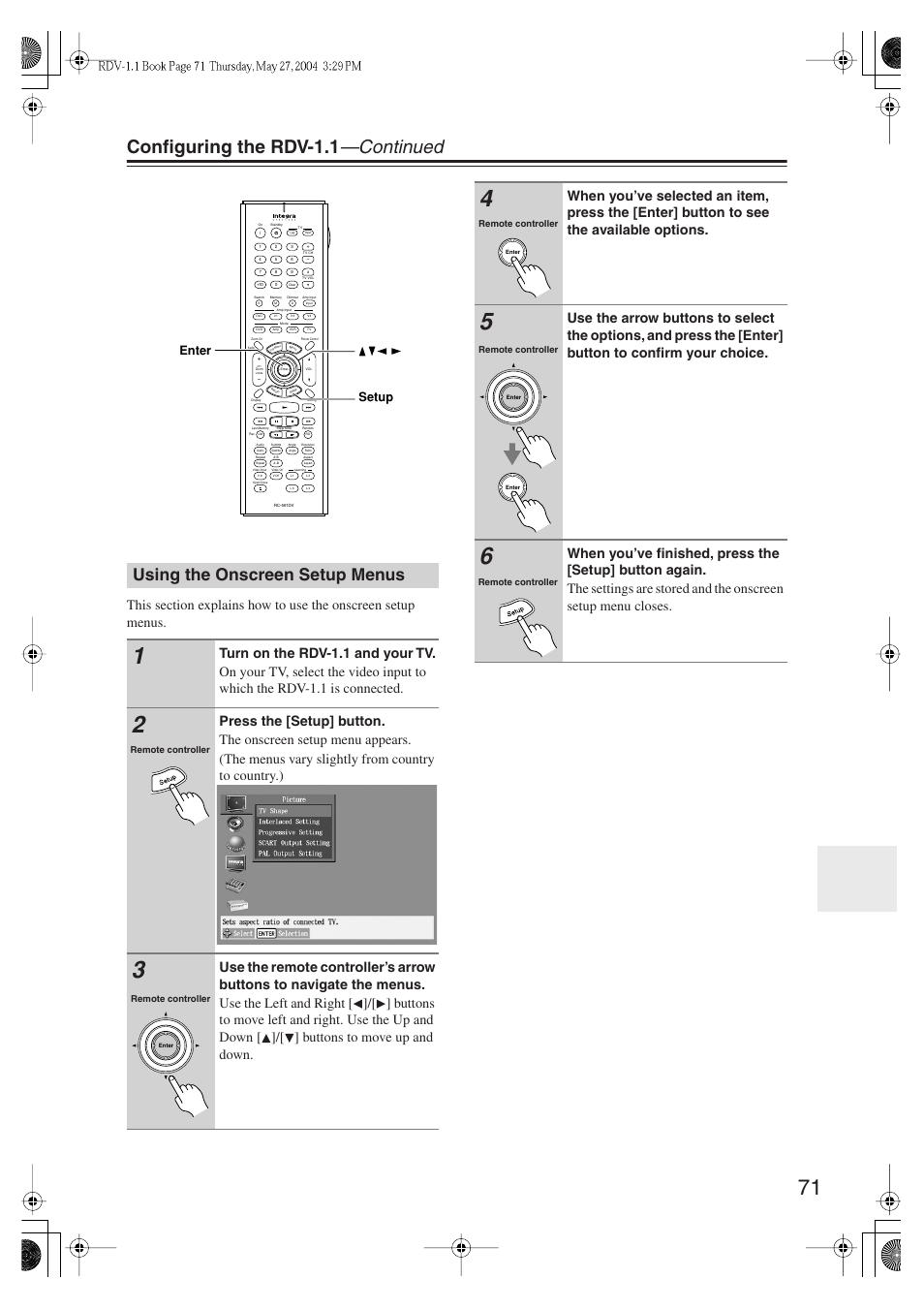 Configuring the rdv-1.1 —continued, Using the onscreen setup menus, Enter setup | Integra RDV-1.1 User Manual | Page 71 / 100