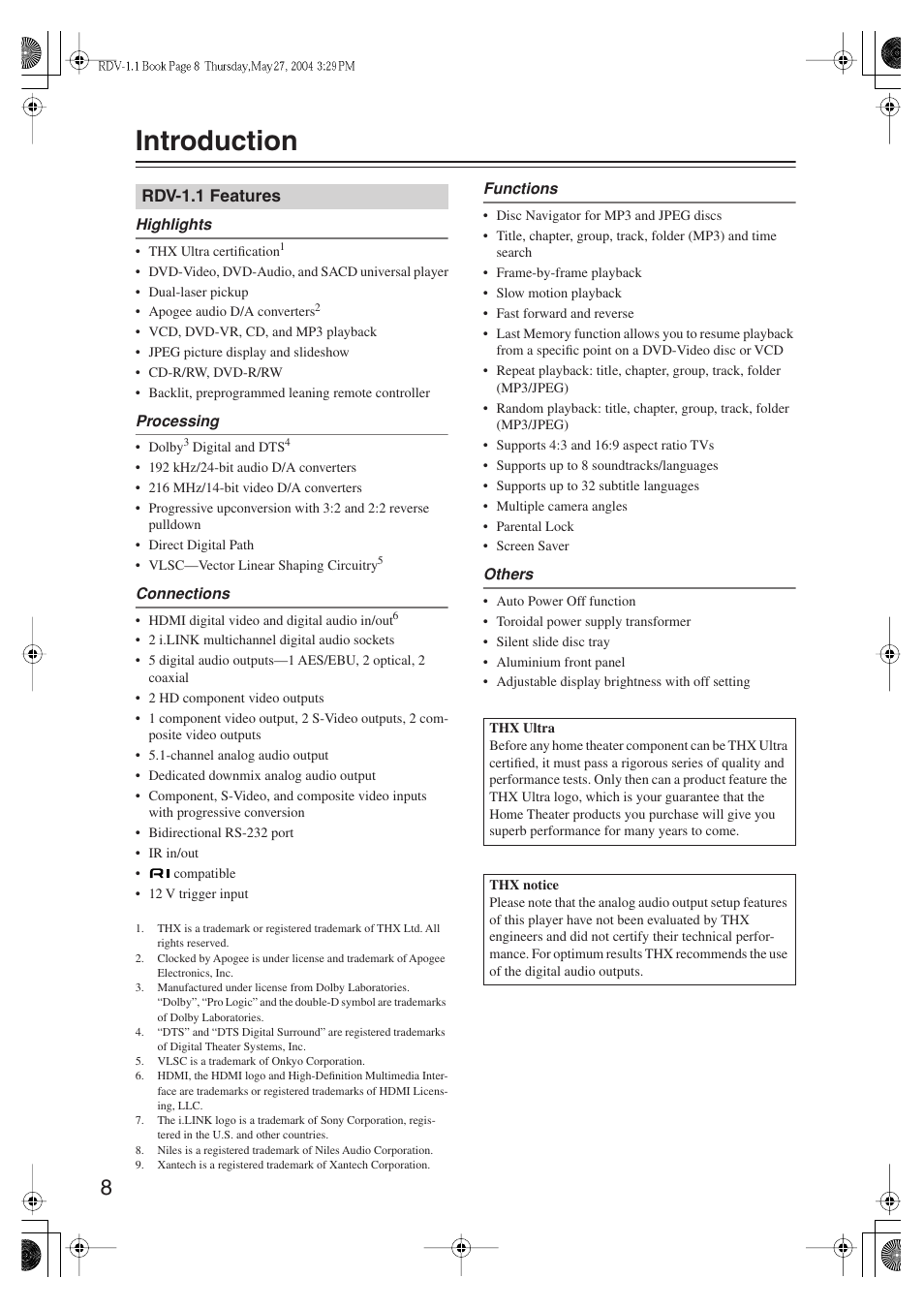 Introduction | Integra RDV-1.1 User Manual | Page 8 / 100