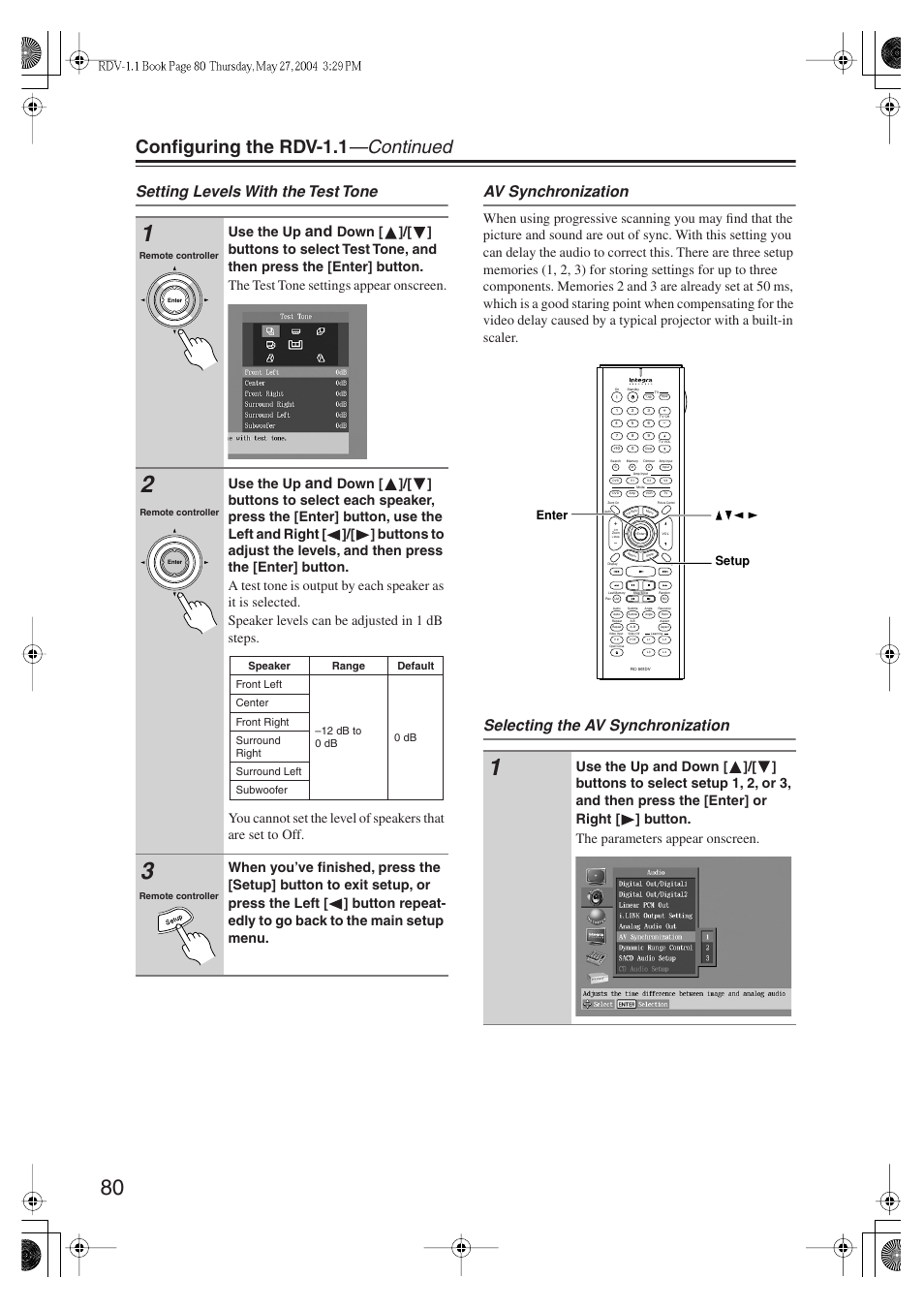 Configuring the rdv-1.1 —continued, Selecting the av synchronization, Use the up | Integra RDV-1.1 User Manual | Page 80 / 100
