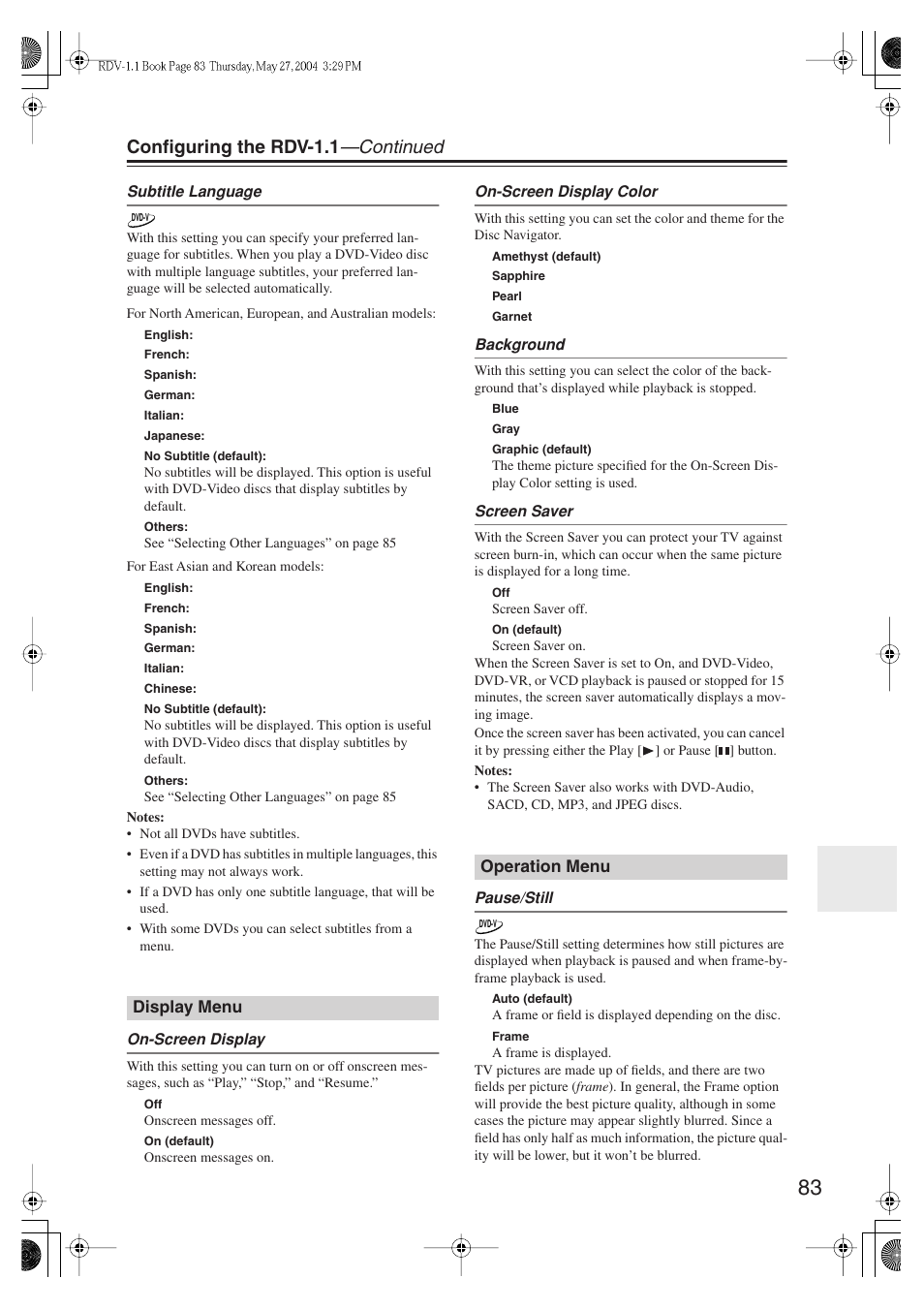 Configuring the rdv-1.1 —continued | Integra RDV-1.1 User Manual | Page 83 / 100