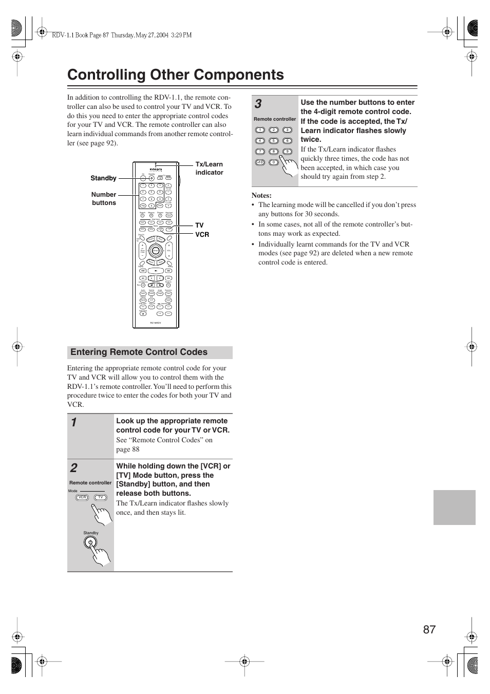 Controlling other components, Entering remote control codes, Standby tv vcr tx/learn indicator number buttons | Integra RDV-1.1 User Manual | Page 87 / 100