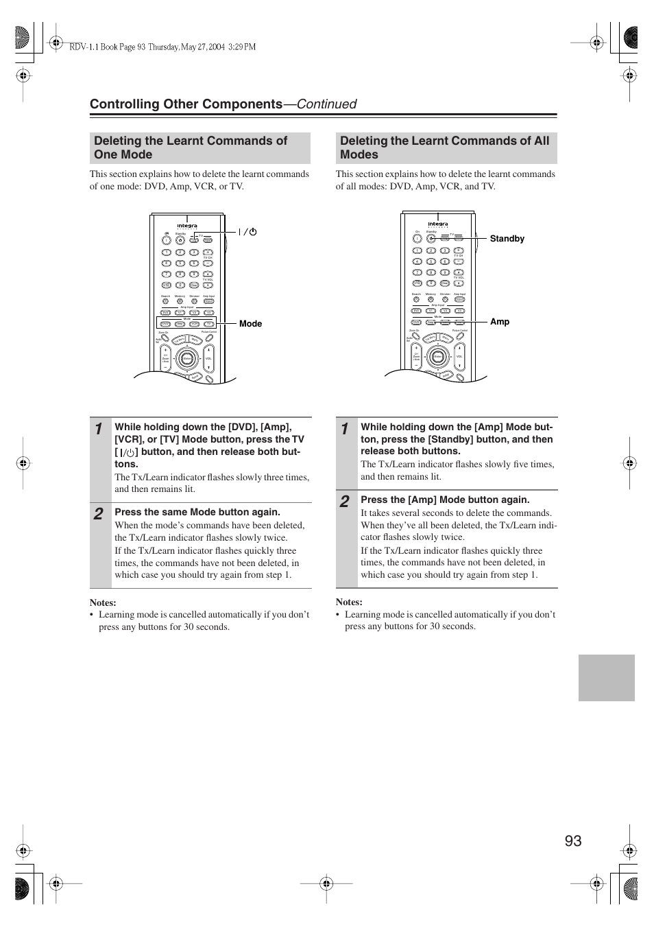 Controlling other components —continued, Deleting the learnt commands of one mode, Deleting the learnt commands of all modes | Mode, Amp standby | Integra RDV-1.1 User Manual | Page 93 / 100