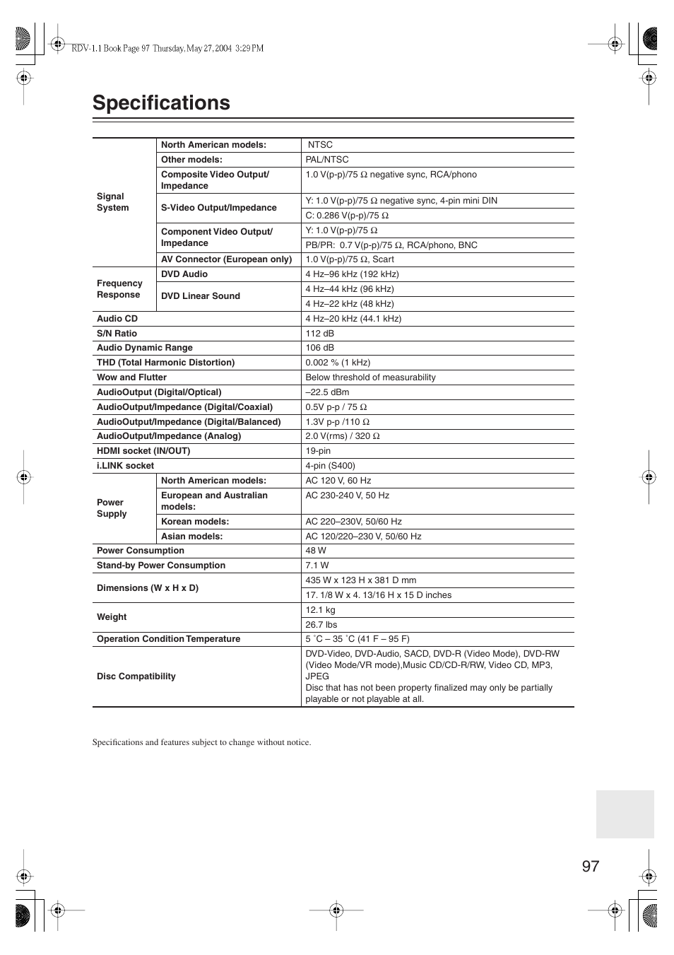 Specifications | Integra RDV-1.1 User Manual | Page 97 / 100