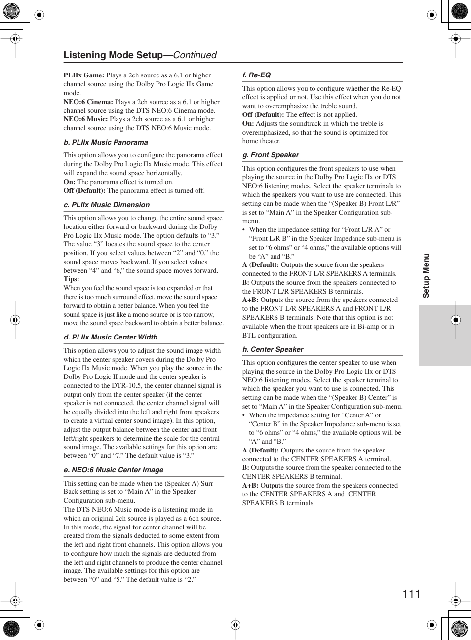 Listening mode setup —continued | Integra DTR-10.5 User Manual | Page 111 / 152