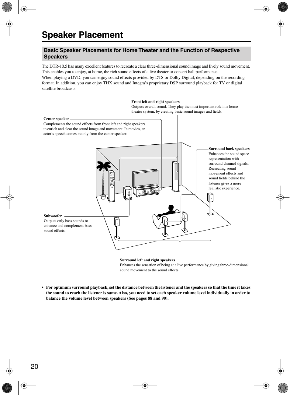 Speaker placement | Integra DTR-10.5 User Manual | Page 20 / 152