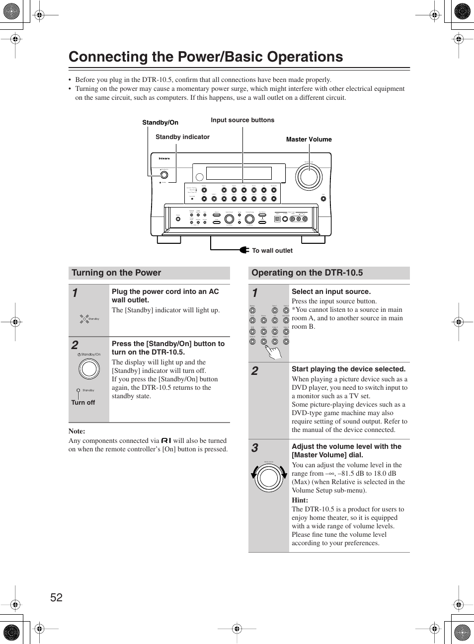 Connecting the power/basic operations, Turning on the power, Operating on the dtr-10.5 | Push to enter, Rec/ zone 3 red ) ( main blue ( ) zone 2 green ( ) | Integra DTR-10.5 User Manual | Page 52 / 152