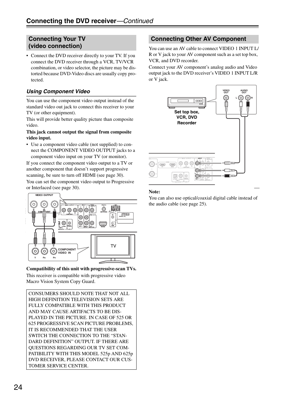 Connecting the dvd receiver —continued, Connecting your tv (video connection), Connecting other av component | Using component video | Integra DSR-4.8 User Manual | Page 24 / 80