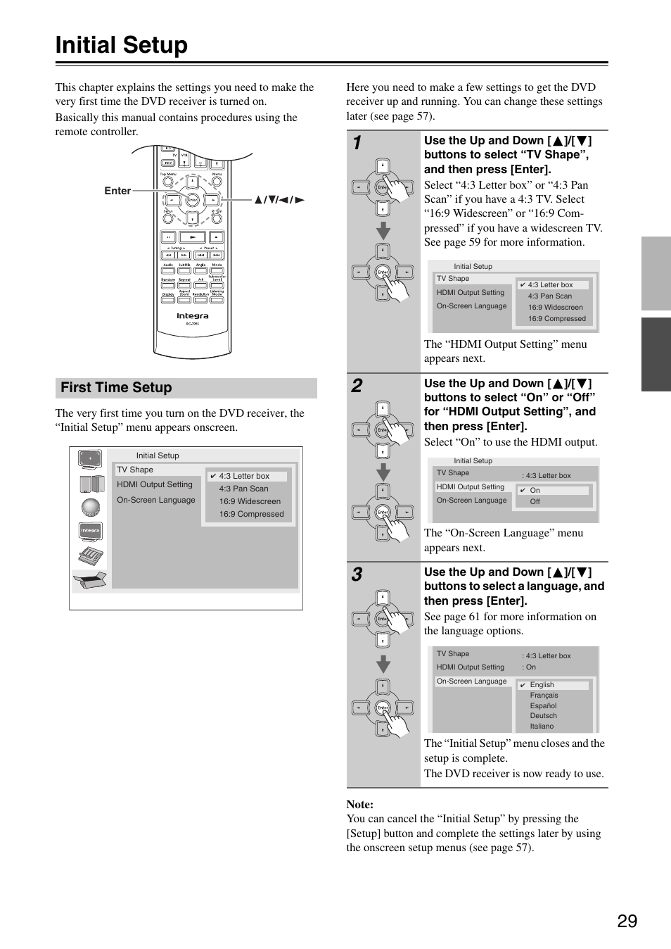 Initial setup, First time setup | Integra DSR-4.8 User Manual | Page 29 / 80