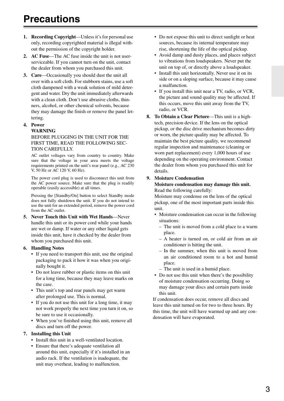 Precautions | Integra DSR-4.8 User Manual | Page 3 / 80