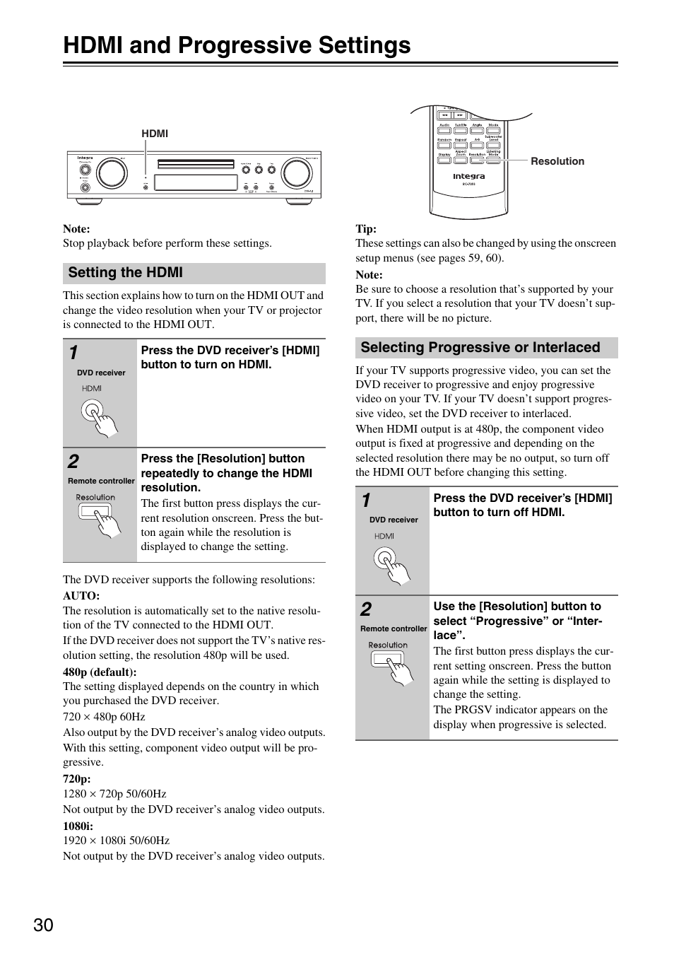 Hdmi and progressive settings | Integra DSR-4.8 User Manual | Page 30 / 80