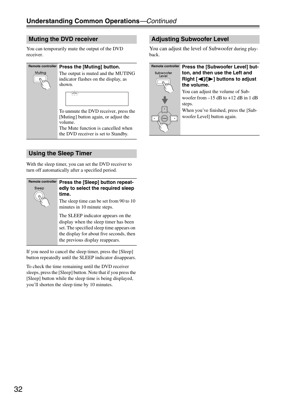 Understanding common operations —continued, Muting the dvd receiver, Using the sleep timer | Adjusting subwoofer level | Integra DSR-4.8 User Manual | Page 32 / 80