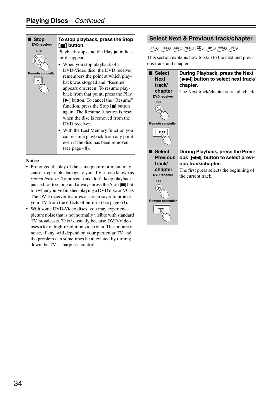 Playing discs —continued, Select next & previous track/chapter | Integra DSR-4.8 User Manual | Page 34 / 80