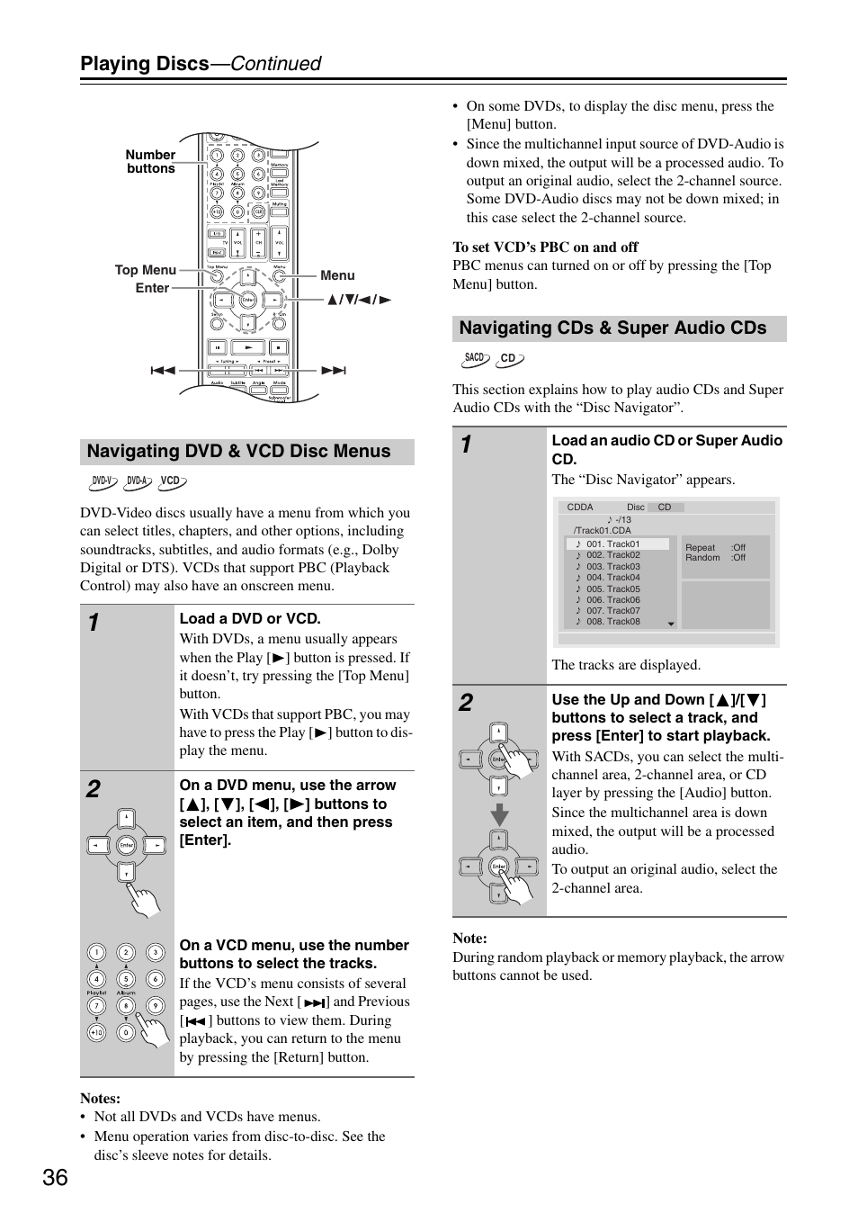 Playing discs —continued, Navigating dvd & vcd disc menus, Navigating cds & super audio cds | Integra DSR-4.8 User Manual | Page 36 / 80