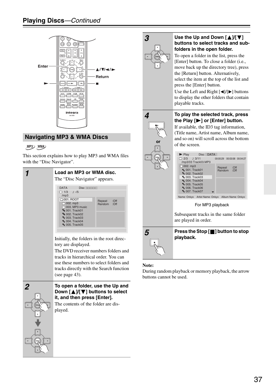 Playing discs —continued, Navigating mp3 & wma discs | Integra DSR-4.8 User Manual | Page 37 / 80