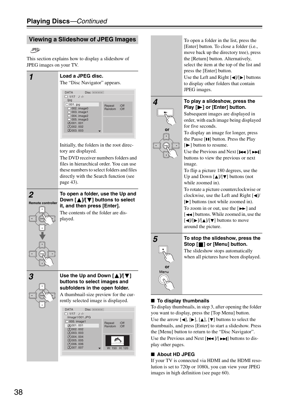 Playing discs —continued, Viewing a slideshow of jpeg images | Integra DSR-4.8 User Manual | Page 38 / 80