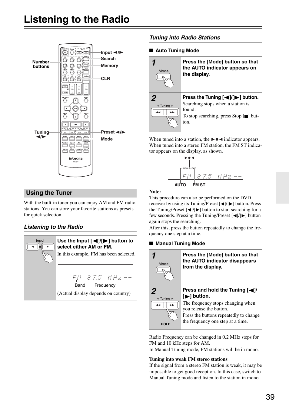 Listening to the radio, Using the tuner | Integra DSR-4.8 User Manual | Page 39 / 80