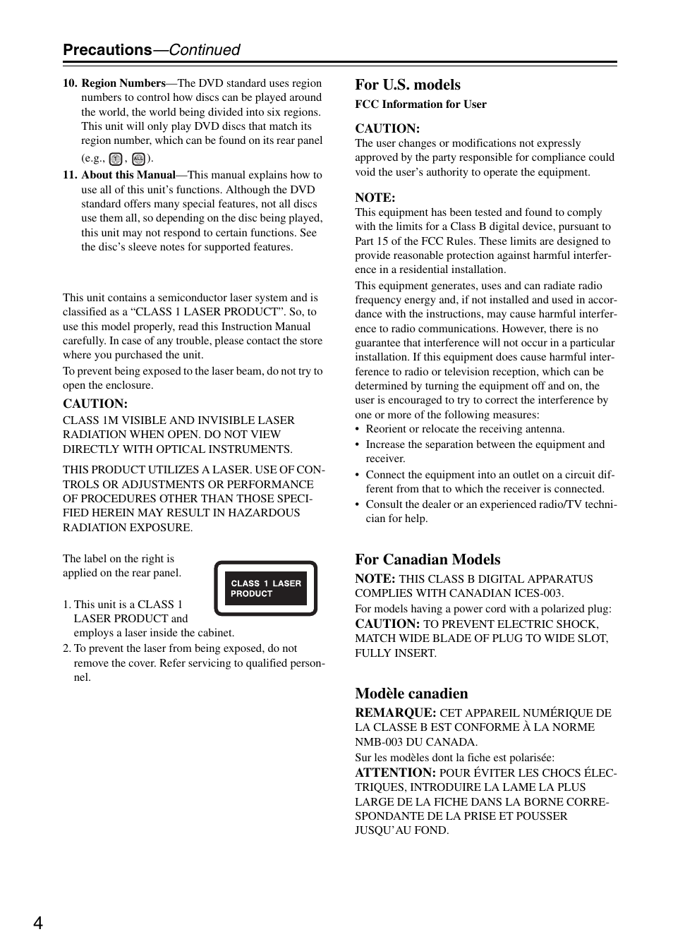 Precautions —continued, For u.s. models, For canadian models | Modèle canadien | Integra DSR-4.8 User Manual | Page 4 / 80