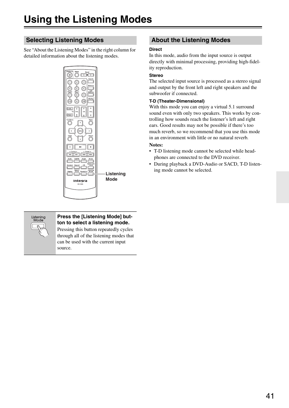 Using the listening modes | Integra DSR-4.8 User Manual | Page 41 / 80