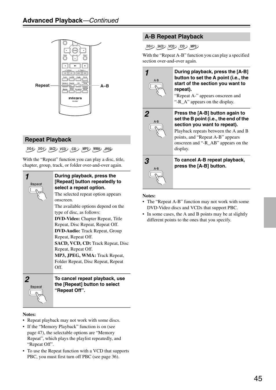 Advanced playback —continued | Integra DSR-4.8 User Manual | Page 45 / 80