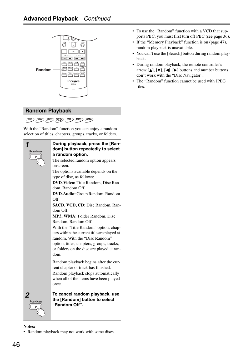 Advanced playback —continued, Random playback | Integra DSR-4.8 User Manual | Page 46 / 80