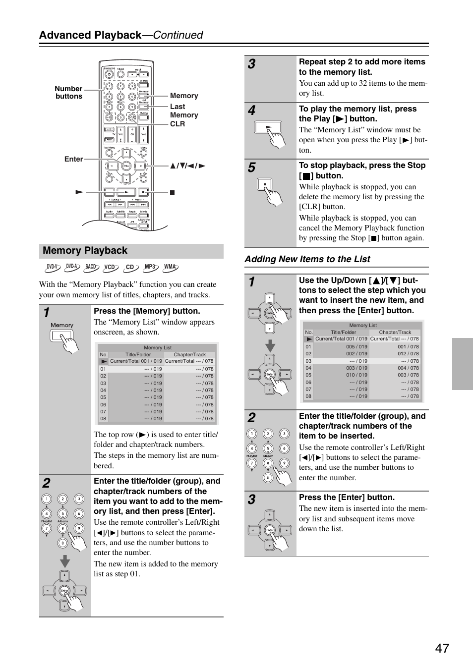Advanced playback —continued, Adding new items to the list | Integra DSR-4.8 User Manual | Page 47 / 80