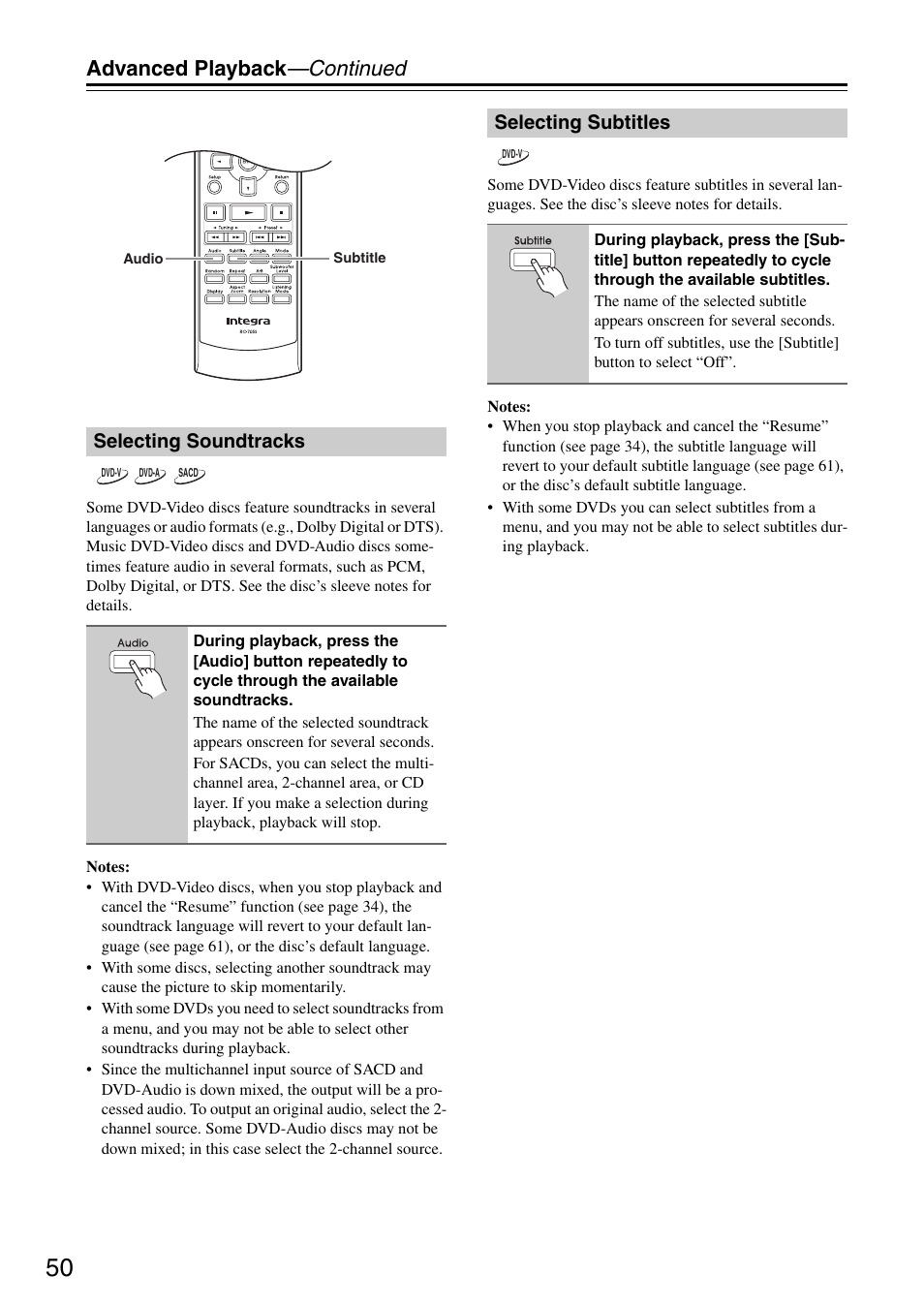 Advanced playback —continued, Selecting soundtracks, Selecting subtitles | Integra DSR-4.8 User Manual | Page 50 / 80