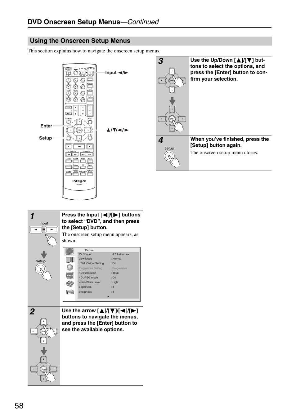 Dvd onscreen setup menus —continued, Using the onscreen setup menus | Integra DSR-4.8 User Manual | Page 58 / 80