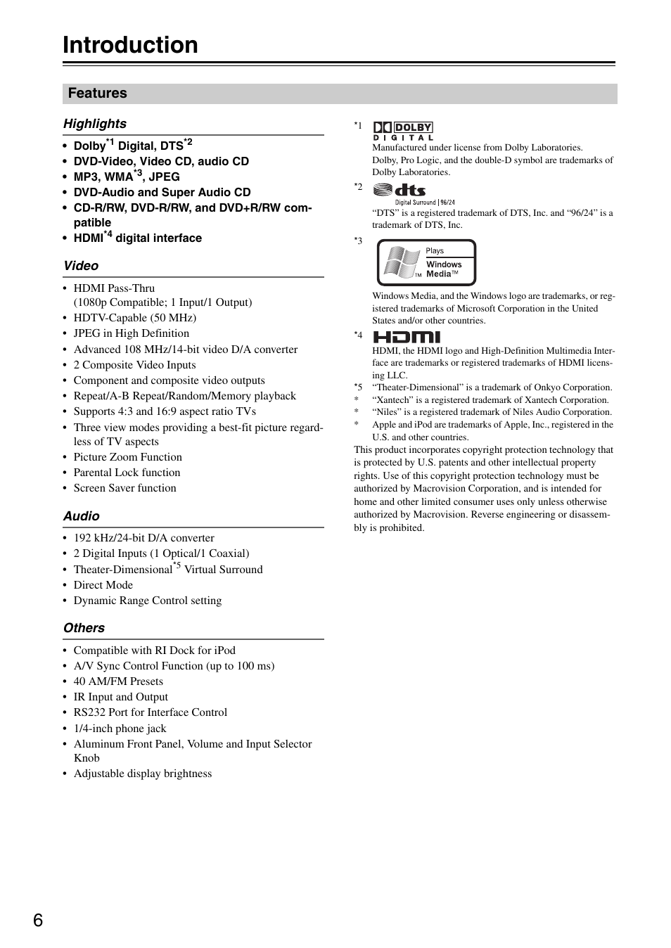 Introduction, Features | Integra DSR-4.8 User Manual | Page 6 / 80