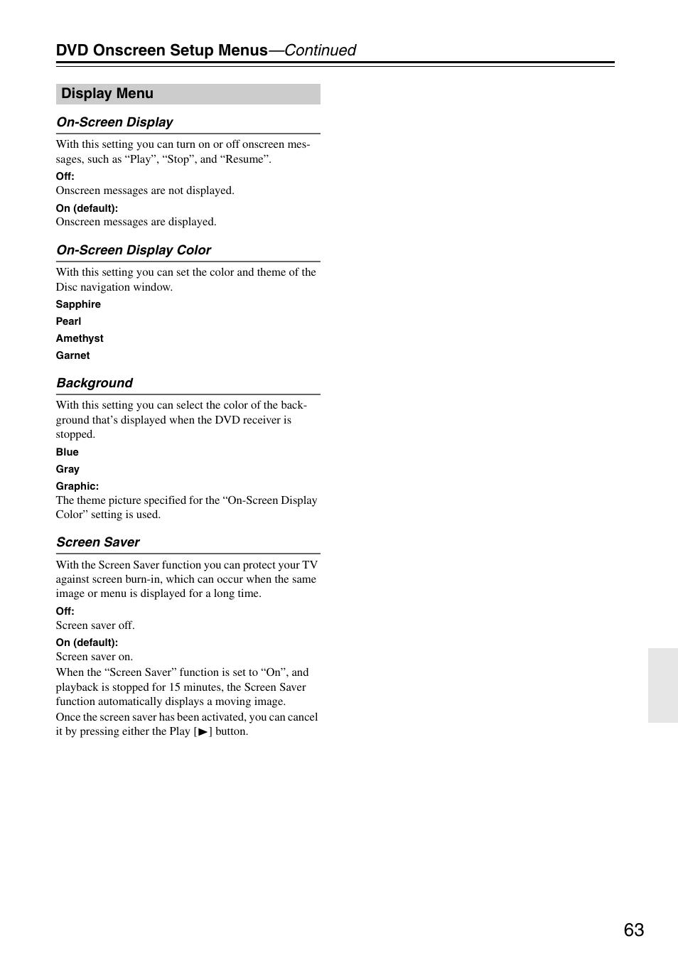 Dvd onscreen setup menus —continued, Display menu | Integra DSR-4.8 User Manual | Page 63 / 80