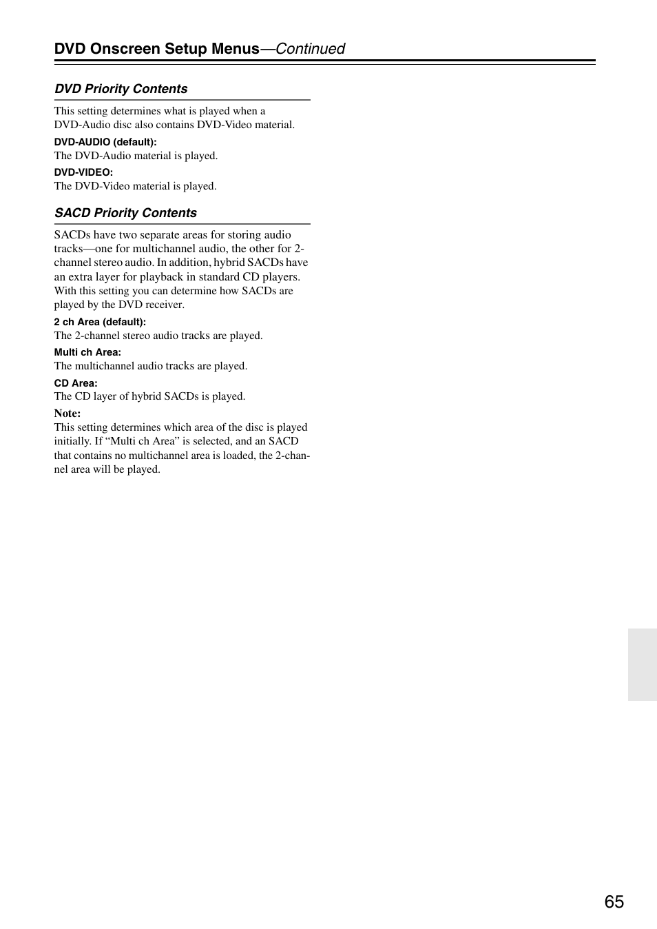 Dvd onscreen setup menus —continued | Integra DSR-4.8 User Manual | Page 65 / 80